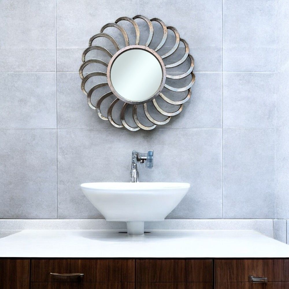 Round Mexico Wind Mirror Silver with Ornately Decorated Frame 80x80cm