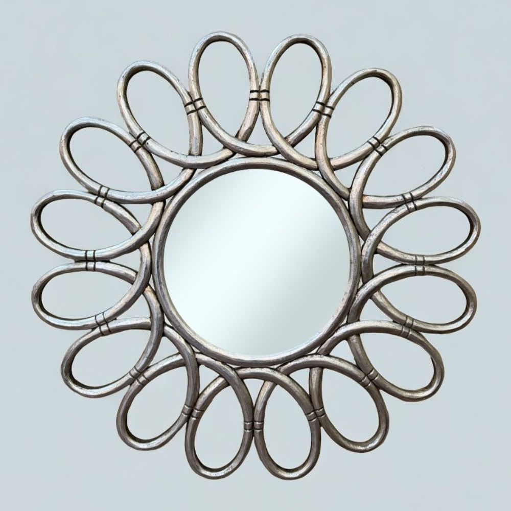 Round Madrid Mirror 120x120cm | Silver Antique with Ornately Decorated Frame