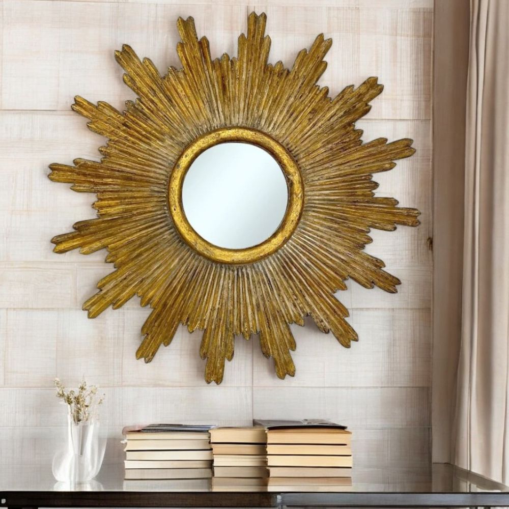 Fun Round Mirror with Ornately Decorated Frame | Gold Crack 80x80cm