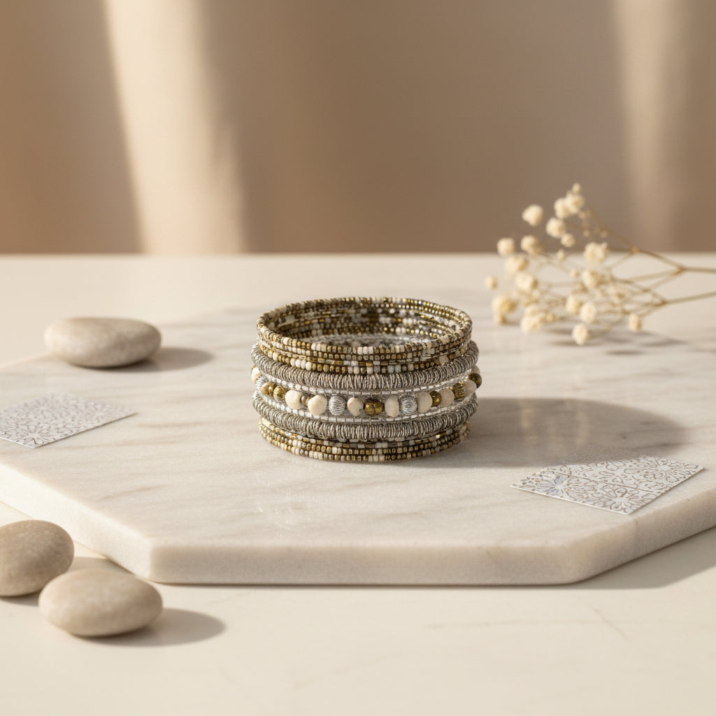 Handcrafted multi-layer wrap bracelet featuring champagne, ivory, silver, and gold-toned seed beads with pearl-inspired accents, displayed on a light stone surface against a soft neutral background.