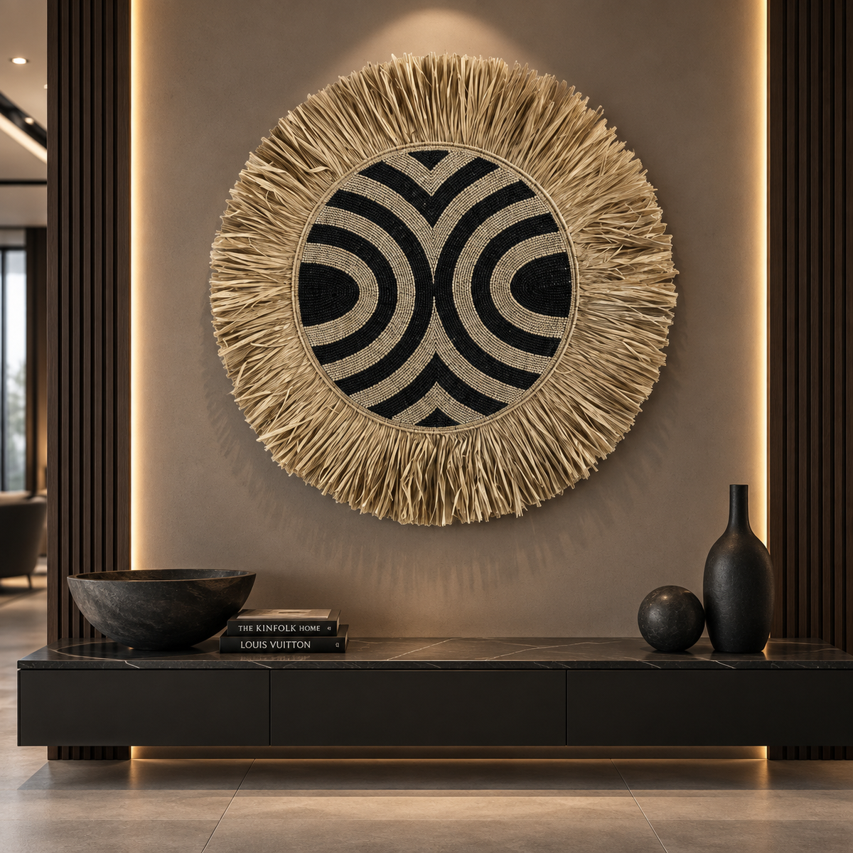 Beaded Geometric Wall Decoration | 70cm, Black & Natural