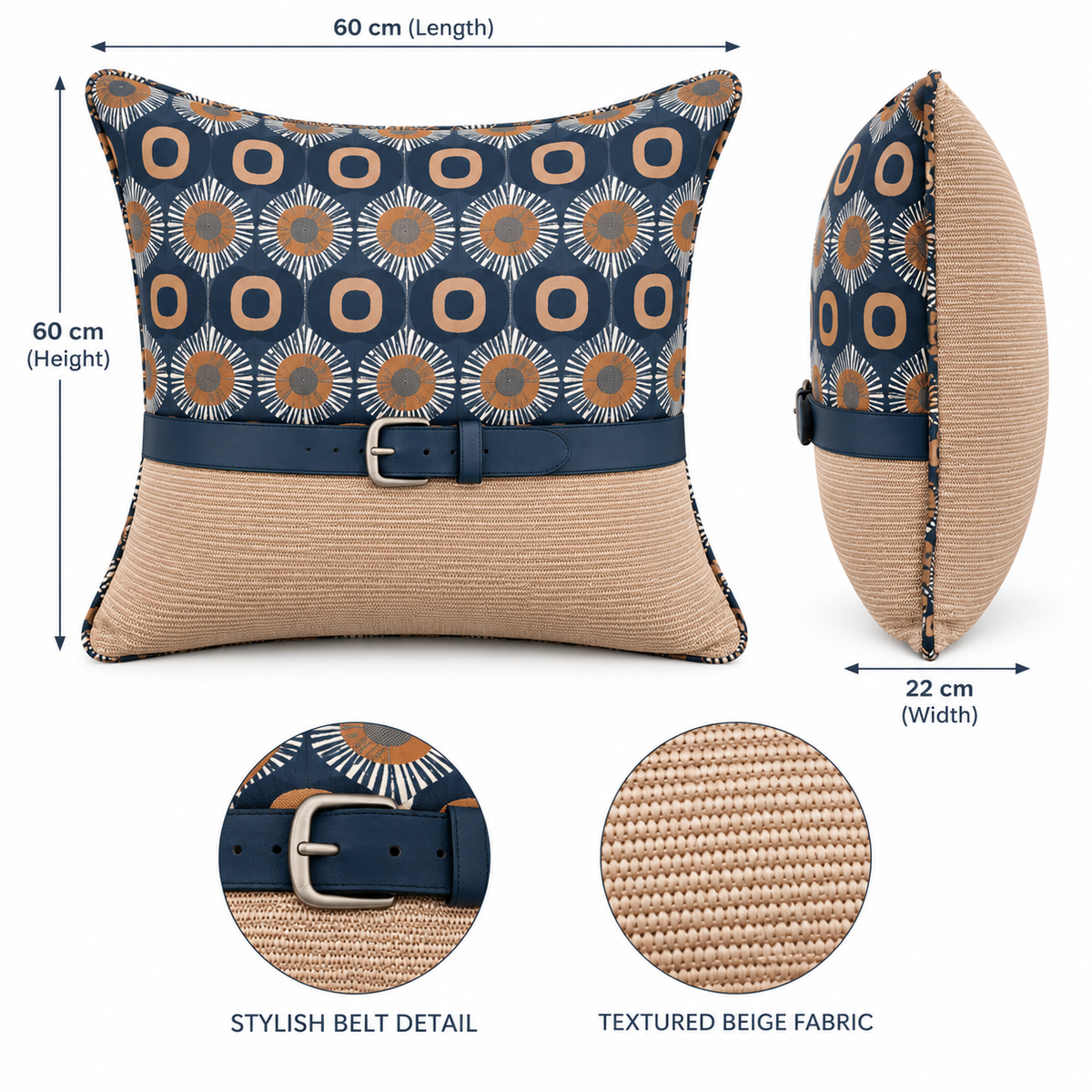 Geometric Navy & Beige Belted Scatter Cushion