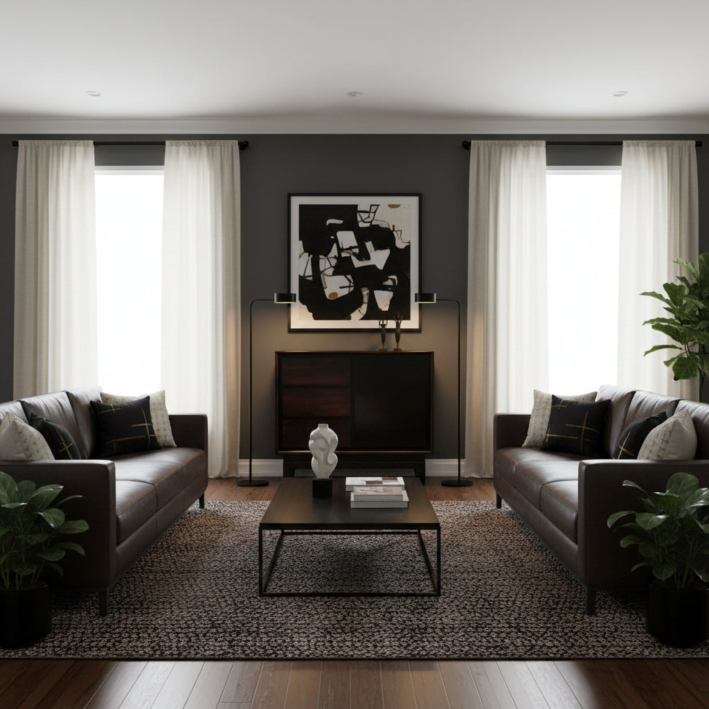 Elegant dark brown leather sofa with clean lines, slim black legs, and plush cushions, styled in a sophisticated contemporary living room.