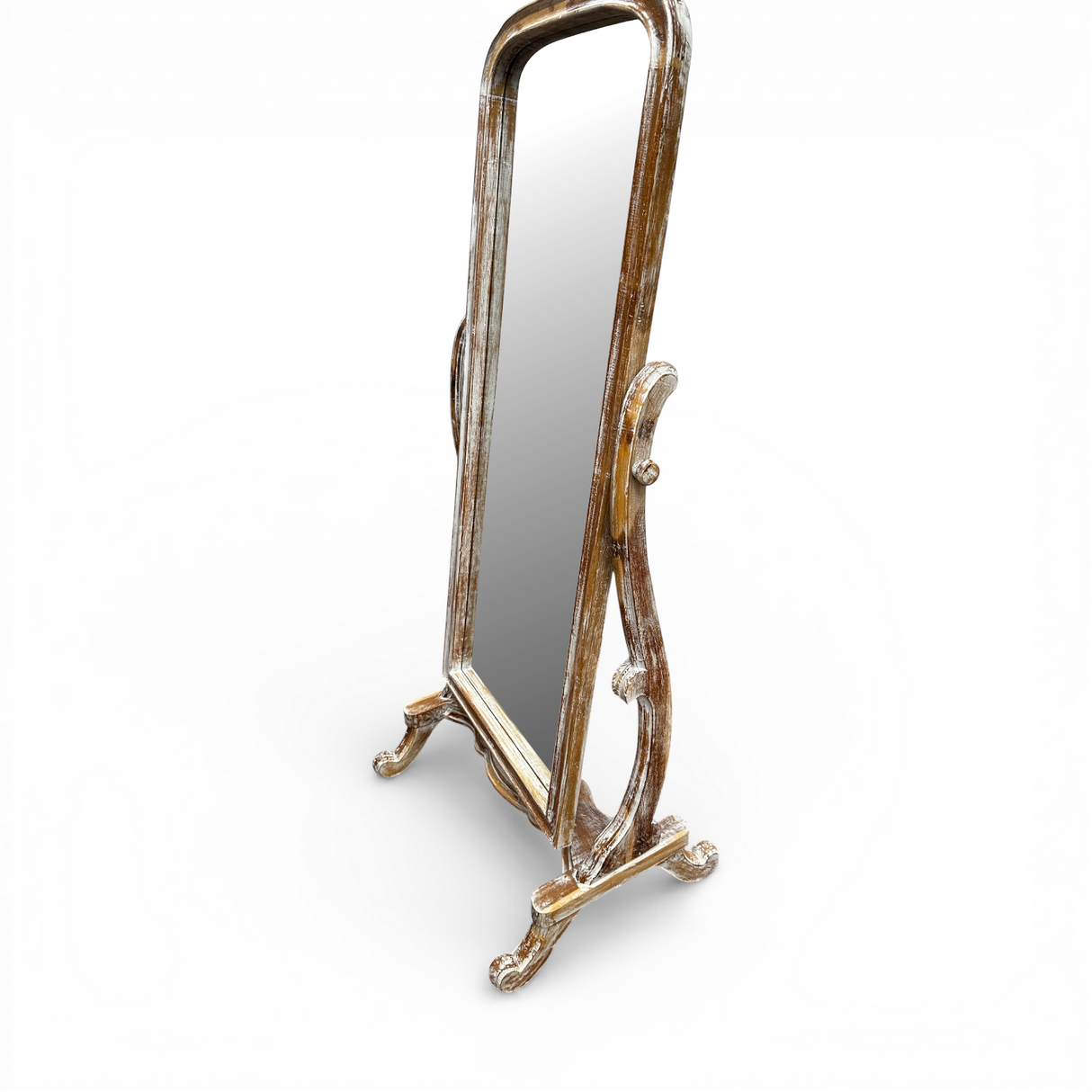 Distressed whitewashed freestanding cheval floor mirror featuring an elegant arched wooden frame, decorative carved support legs, and an adjustable tilt mechanism. This full-length statement mirror adds vintage charm to bedrooms, dressing rooms, walk-in wardrobes, and living spaces while complementing farmhouse, French country, coastal, rustic, and luxury interiors.