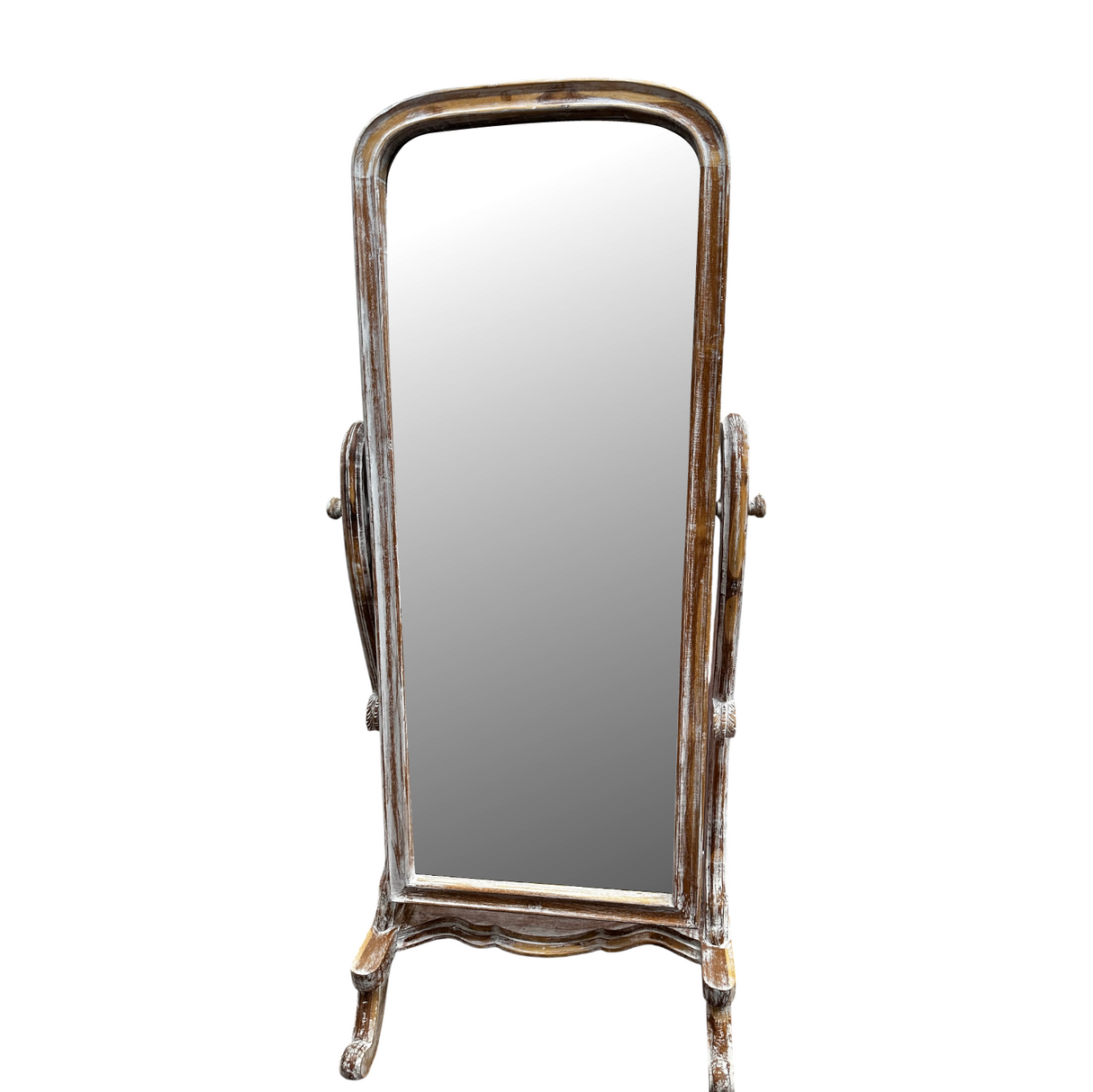 Distressed whitewashed freestanding cheval floor mirror featuring a gracefully arched wooden frame, decorative carved base, and adjustable tilt mechanism. This elegant full-length dressing mirror brings timeless vintage charm to bedrooms, dressing rooms, walk-in wardrobes, and living spaces while complementing farmhouse, French country, coastal, rustic, and luxury interiors.