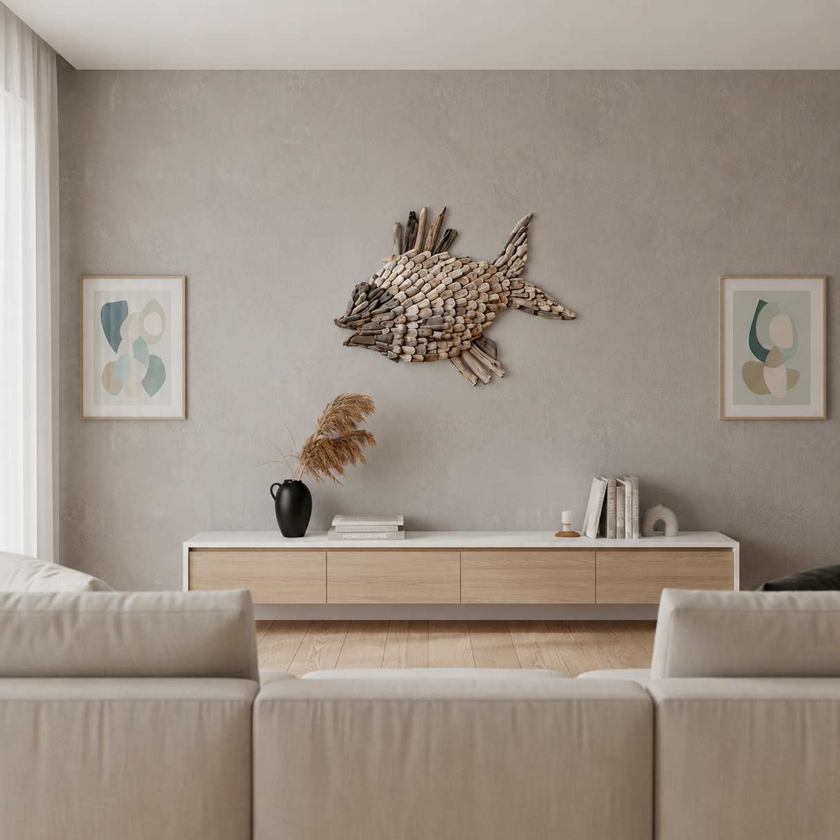 Handcrafted driftwood fish wall art made from natural reclaimed wood in soft beige and weathered grey tones. This rustic coastal décor piece adds texture and organic charm to living rooms, beach homes, bedrooms, and modern interiors.