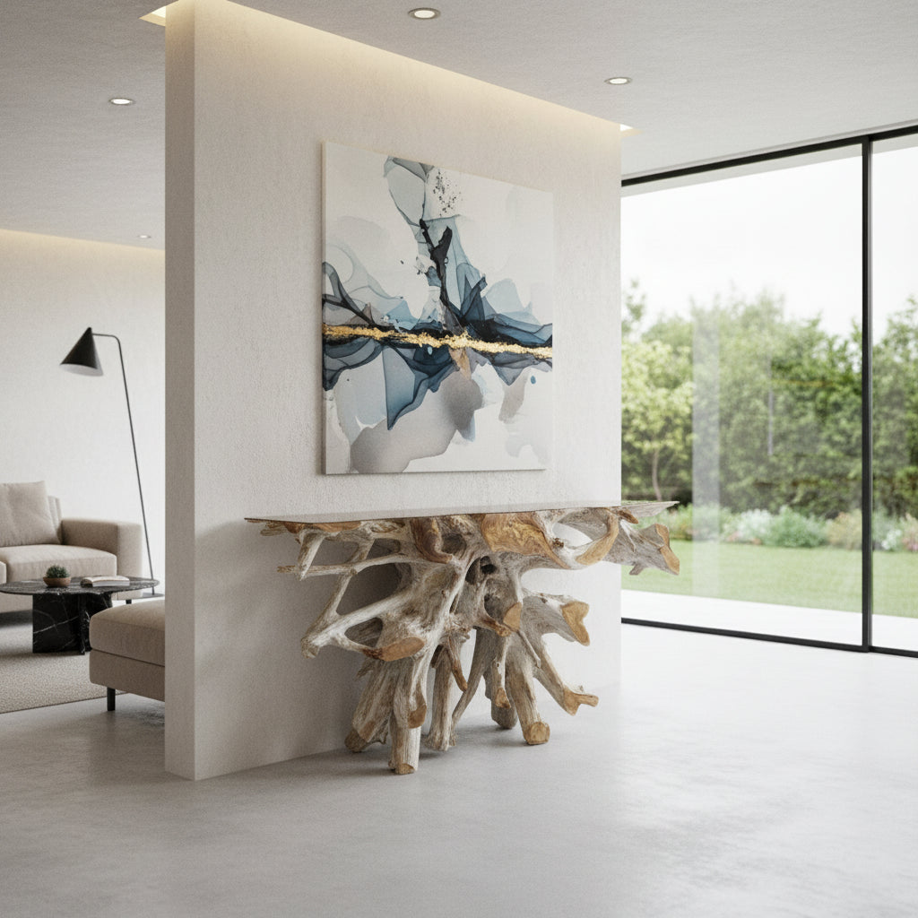 Handcrafted driftwood root console table featuring a sculptural natural wood root base with a rectangular tabletop, styled beneath modern wall art in a contemporary living space.