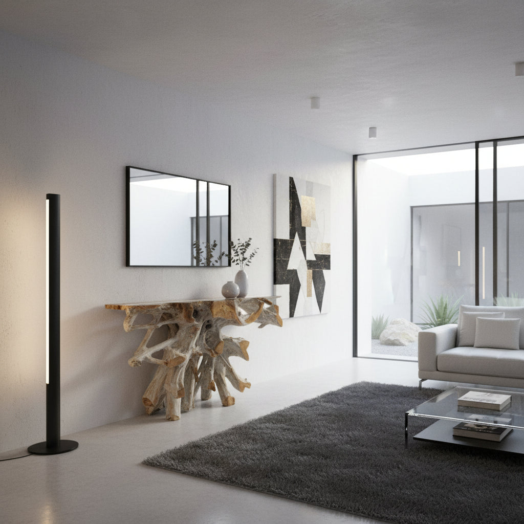 Handcrafted driftwood root console table featuring an organic sculptural natural wood base with a solid rectangular tabletop, styled with minimalist ceramic décor in a contemporary interior.