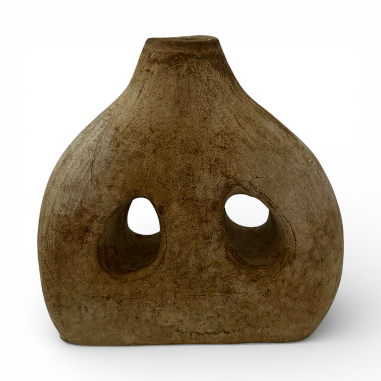 Handcrafted sculptural stoneware vase with a warm earthy finish, featuring a rounded organic silhouette, two asymmetrical cut-out openings, and a narrow neck. A contemporary decorative statement piece that adds texture, artistic character, and modern elegance to shelves, console tables, coffee tables, or styled interiors.