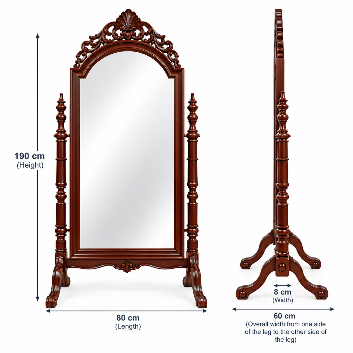 Victorian Ornate Freestanding Cheval Mirror – Dark Mahogany