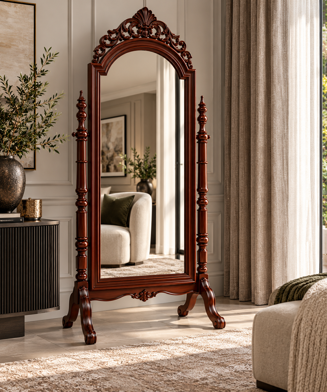 Victorian Ornate Freestanding Cheval Mirror – Dark Mahogany