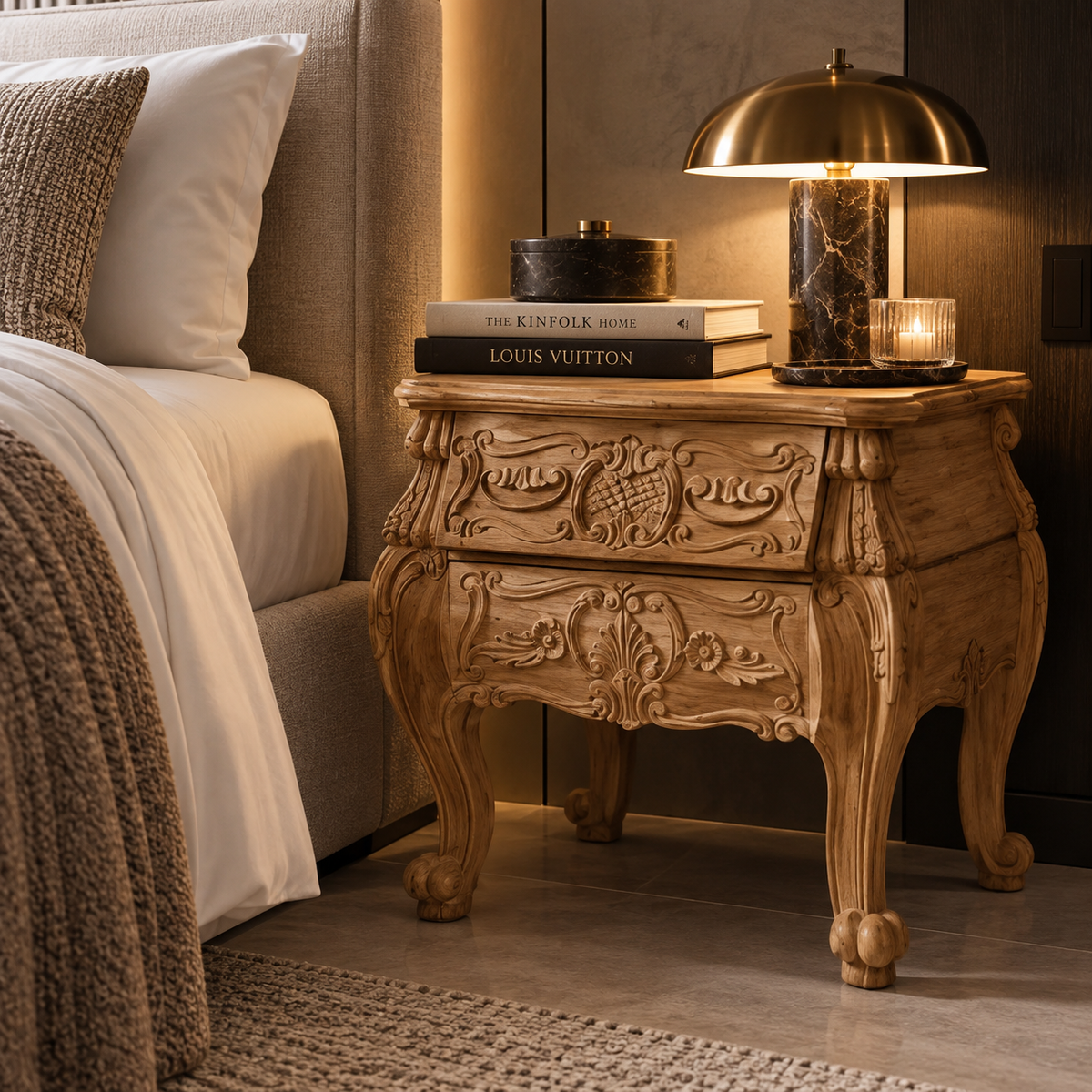 An ornate carved wooden nightstand beside a bed, styled with stacked books, a lit brass dome lamp, and a small candle in a warm, cozy bedroom setting.