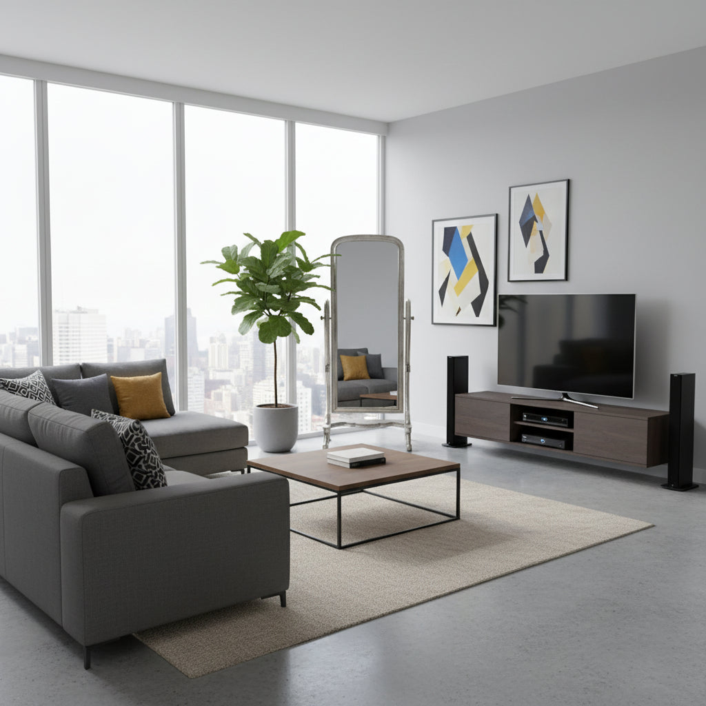 Full-length freestanding floor mirror with a slim metal frame and adjustable stand, perfect for bedrooms, dressing rooms, walk-in closets, and living spaces. This contemporary mirror enhances natural light while complementing modern, Scandinavian, minimalist, and luxury interiors.