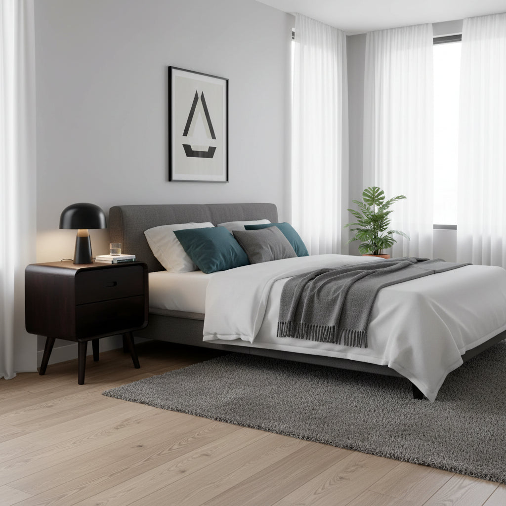 Grey upholstered bed with white bedding, teal and grey cushions, and a grey throw in a bright bedroom with a dark bedside table.