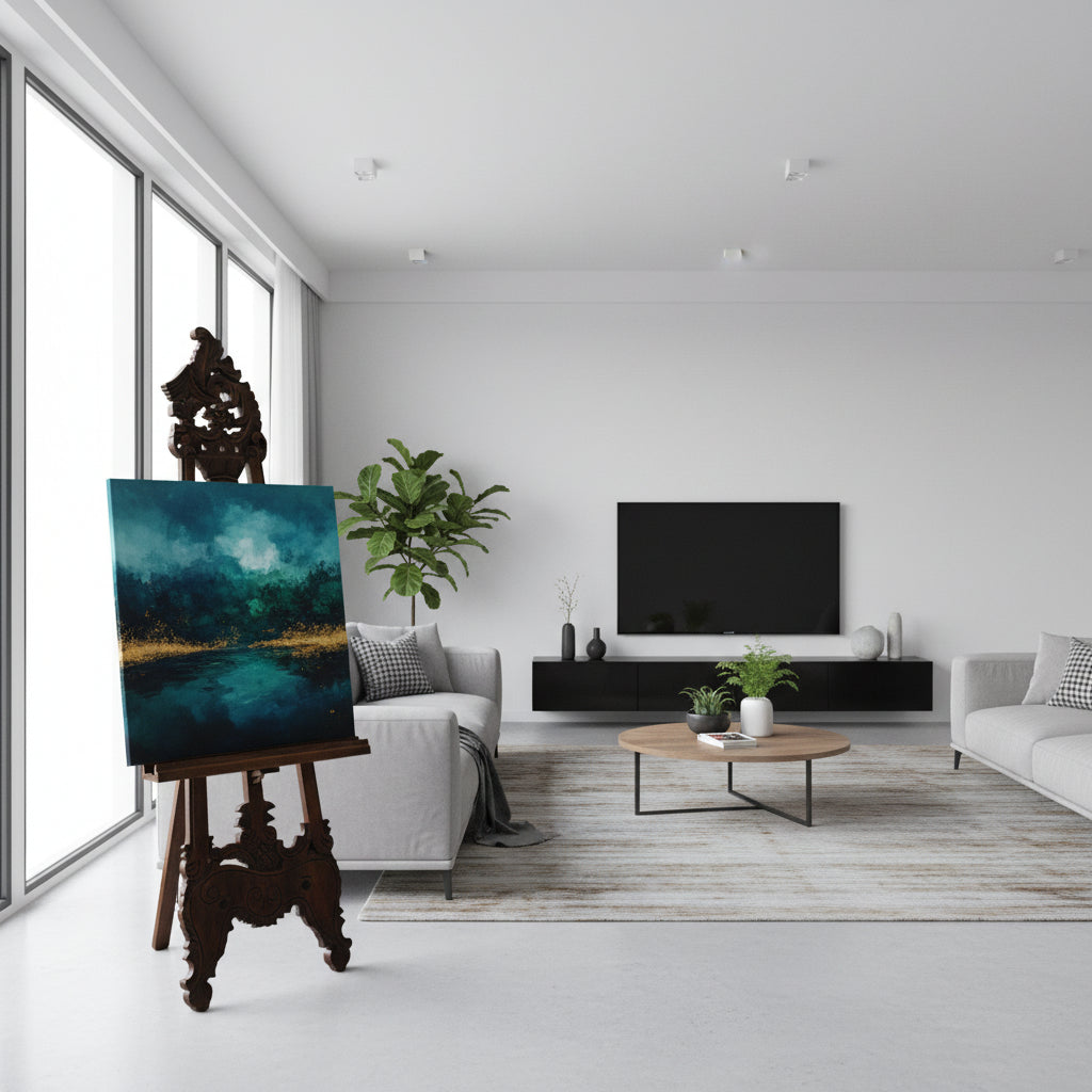 Elegant hand-carved wooden artist easel featuring intricate traditional scrollwork and a rich dark wood finish, displayed with a large framed canvas. Ideal for showcasing artwork, framed prints, welcome signs, menus, mirrors, or decorative displays in homes, galleries, boutique hotels, weddings, and event spaces.