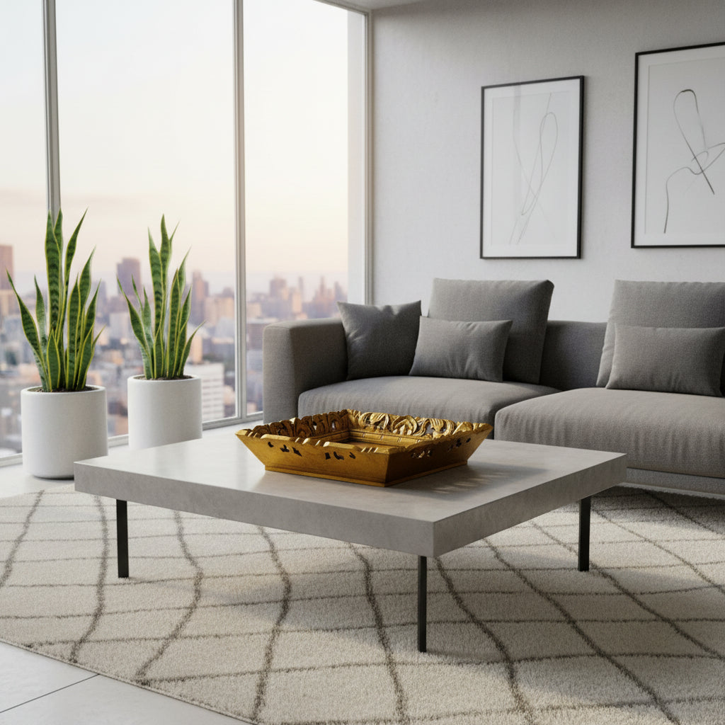 Hand-carved rectangular wooden decorative tray with intricate cut-out detailing and a warm natural finish, styled on a modern coffee table. Perfect for displaying candles, ornaments, or serving as a statement décor piece.