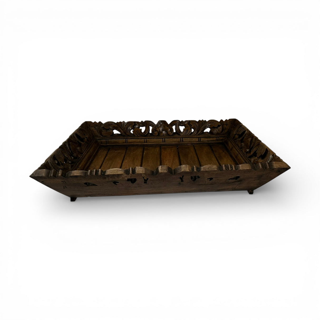 Hand-carved square wooden decorative tray in a dark walnut finish with intricate openwork detailing and raised edges. A timeless accent piece perfect for styling candles, books, vases, or serving as an elegant coffee table or console display.