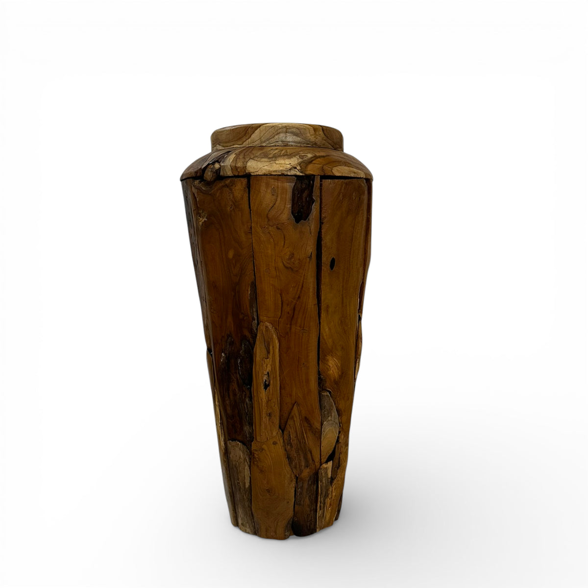 Handcrafted live edge wooden pedestal planter made from solid natural timber, featuring rich organic wood grain and a sculptural tapered design, perfect for displaying indoor plants or as a decorative accent in contemporary and rustic interiors.