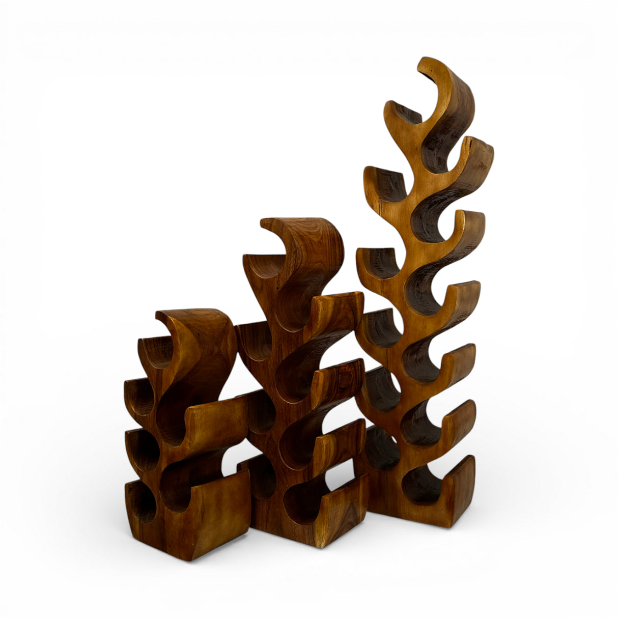 Handcrafted freestanding wine rack carved from solid teak wood, featuring a flowing sculptural design that securely holds multiple wine bottles. Combining functional storage with artistic craftsmanship, this statement wine rack is perfect for dining rooms, wine cellars, boutique hotels, restaurants, or luxury contemporary interiors.