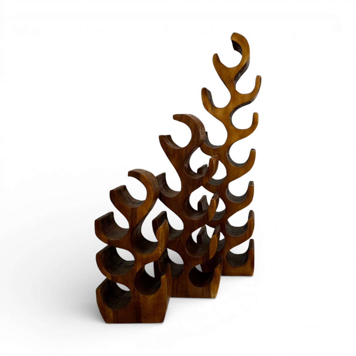 Handcrafted freestanding wine rack carved from solid teak wood, featuring a flowing sculptural design that securely holds multiple wine bottles. Combining functional storage with artistic craftsmanship, this statement wine rack is perfect for dining rooms, wine cellars, boutique hotels, restaurants, or luxury contemporary interiors.
