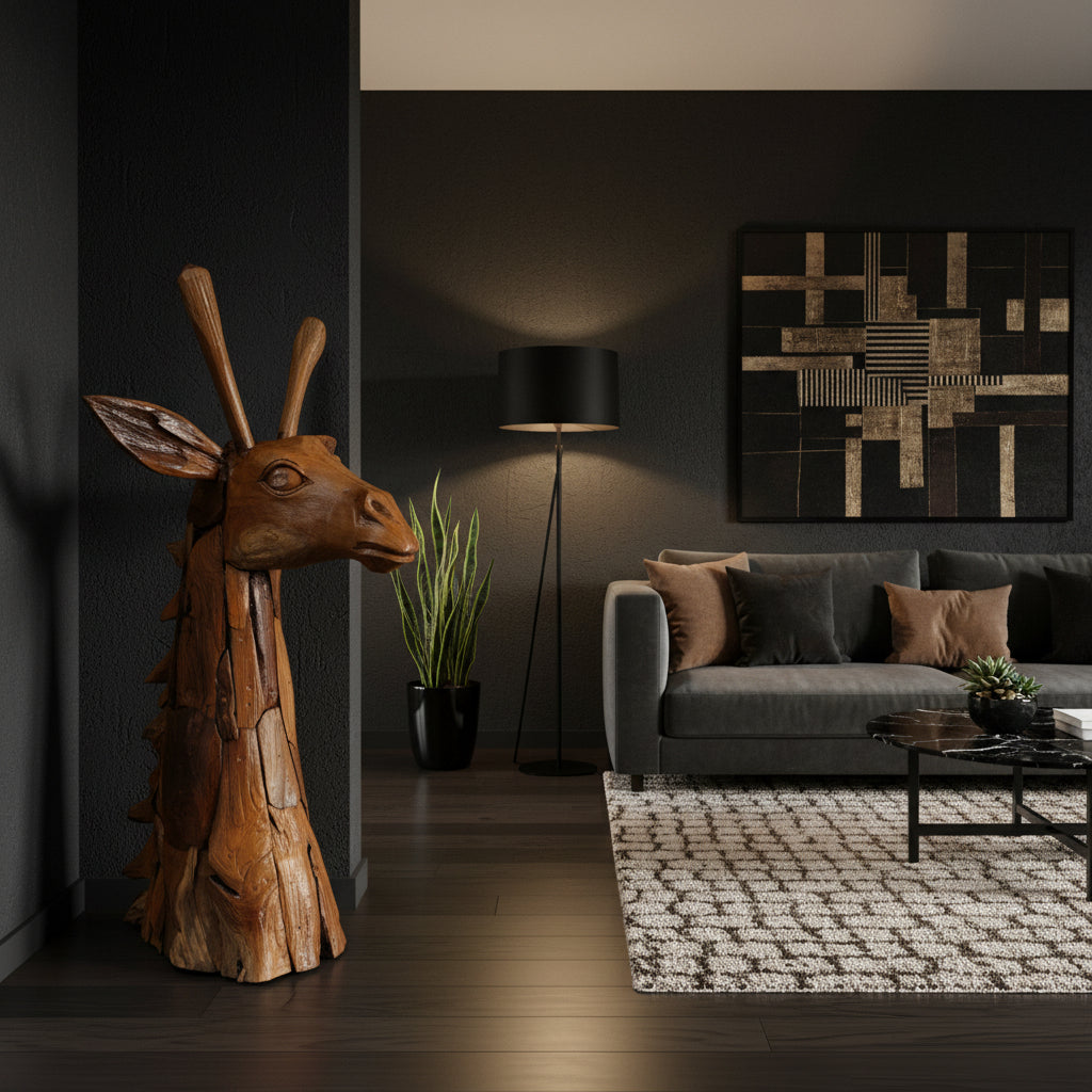 Handcrafted wooden giraffe head sculpture with a natural rustic finish, featuring detailed carved facial features, ears, ossicones, and textured neck, making it a striking African-inspired decorative accent for living rooms, lodges, offices, or entryways.