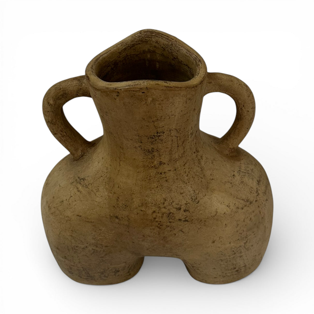 Handcrafted sculptural terracotta amphora vase with a textured earthy finish, rounded body, two curved handles, and a distinctive open-base silhouette. A contemporary statement décor piece ideal for consoles, coffee tables, shelves, or styled as a standalone accent.