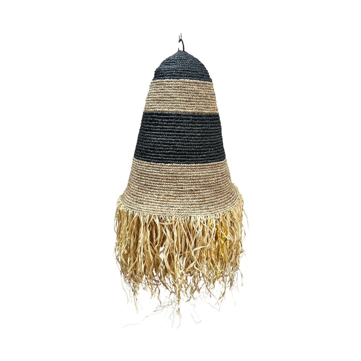 Handwoven pendant light featuring alternating black and natural woven bands with a tapered silhouette and decorative natural fringe, creating a striking bohemian statement for dining rooms, living spaces, bedrooms, or covered outdoor areas.
