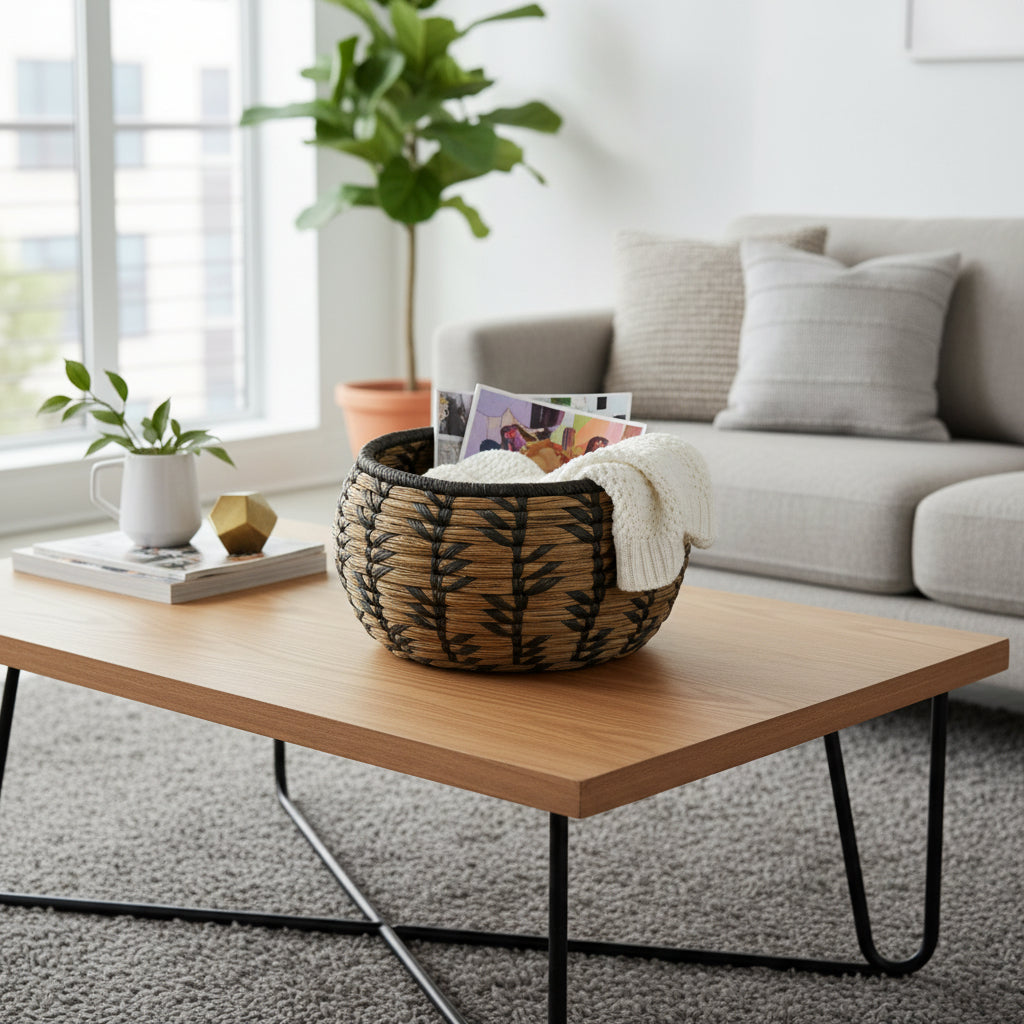 Handwoven natural and black storage basket with a bold geometric woven pattern, styled with magazines and a soft knitted throw on a contemporary coffee table, offering stylish storage while adding organic texture and modern artisanal charm to living spaces.