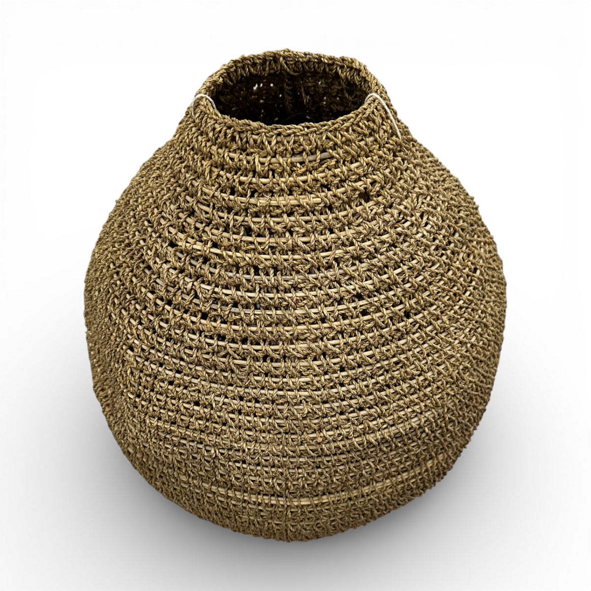 Handwoven natural decorative vase with a rounded sculptural silhouette, narrow neck, and richly textured woven finish, perfect for displaying dried botanicals or adding warm organic texture and artisanal charm to contemporary, coastal, or rustic interiors.