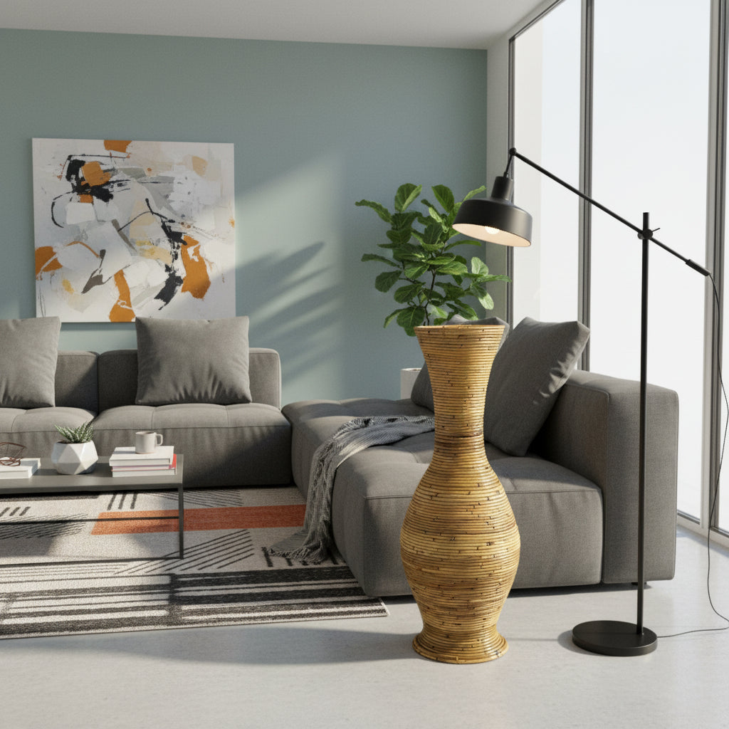 Handwoven natural floor vase with a tall sculptural hourglass silhouette and warm woven texture, styled beside a contemporary sofa with lush greenery, adding organic elegance, natural warmth, and artisanal character to modern, coastal, and rustic interiors.