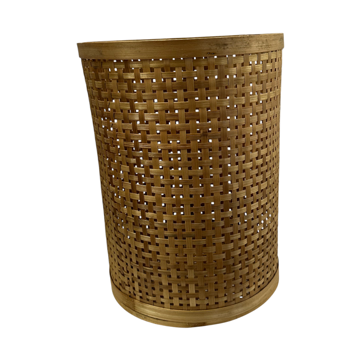 Handwoven natural rattan waste basket featuring a sturdy open-weave design and warm natural finish, perfect for use as a stylish waste bin or decorative storage basket in living rooms, bedrooms, or offices.