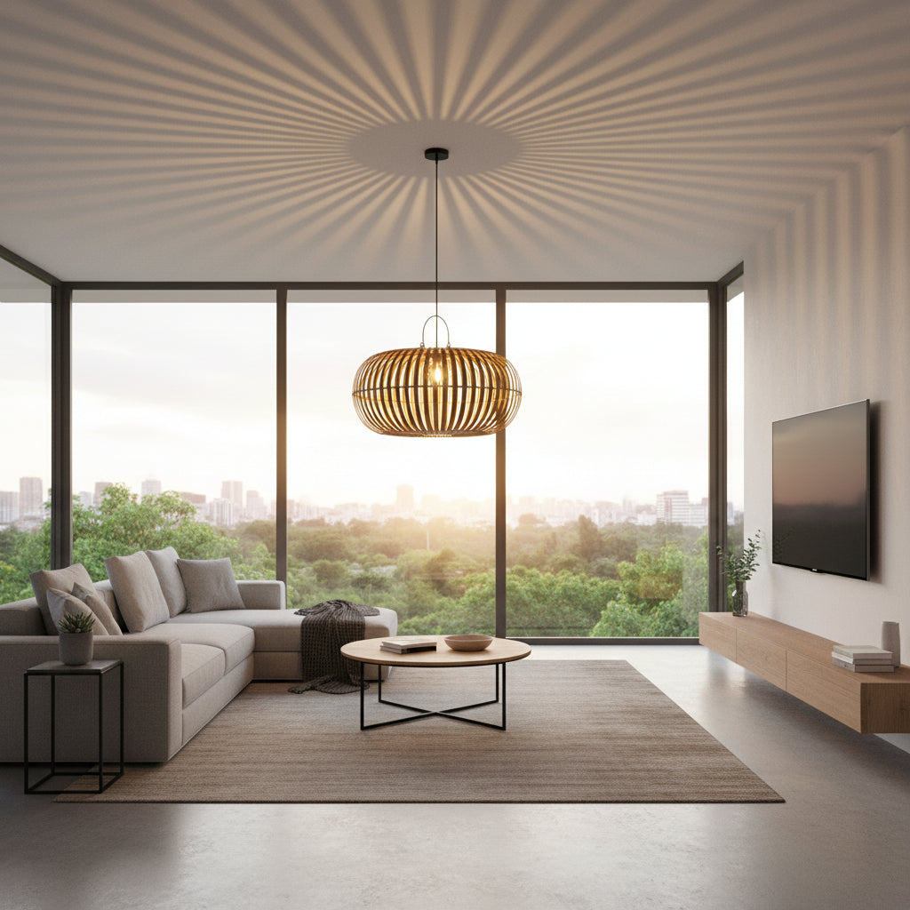 Product Name: Handwoven Oval Rattan Pendant Light
Alt Text: Handwoven oval rattan pendant light with an open slatted design, casting beautiful radial light patterns across the ceiling while adding warm natural texture and contemporary elegance to dining rooms, living spaces, or bedrooms.