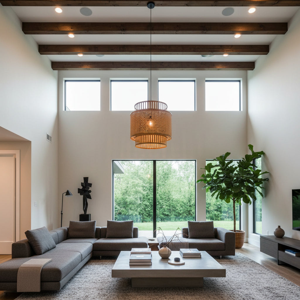 Handwoven drum-shaped pendant light crafted from natural rattan, featuring layered woven detailing that casts a warm ambient glow. Perfect for living rooms, dining areas, bedrooms, boutique hotels, lodges, or contemporary coastal and Scandinavian-inspired interiors.