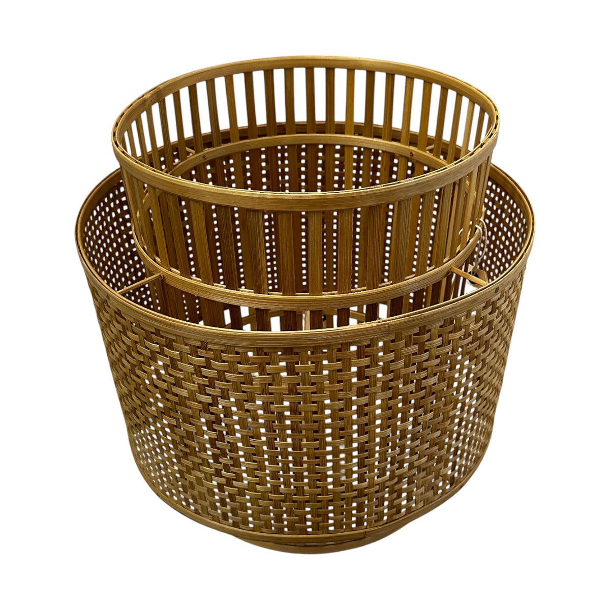 Set of handcrafted round storage baskets woven from natural rattan, featuring an open-weave design with a nested stackable style. Ideal for storing blankets, cushions, toys, magazines, or laundry while adding a warm, organic touch to living rooms, bedrooms, bathrooms, or contemporary interiors.