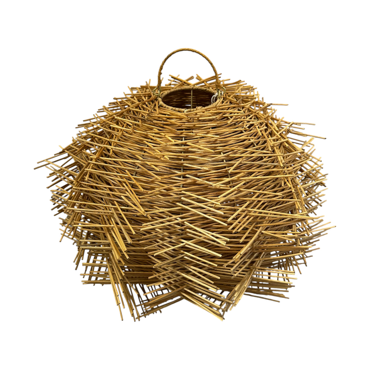 Handwoven natural rattan pendant light shade featuring a bold sculptural silhouette with layered, textured rattan strands that create a dramatic organic look. Designed to cast beautiful ambient light patterns, this statement light shade is ideal for dining rooms, living areas, boutique hotels, restaurants, and contemporary interiors.