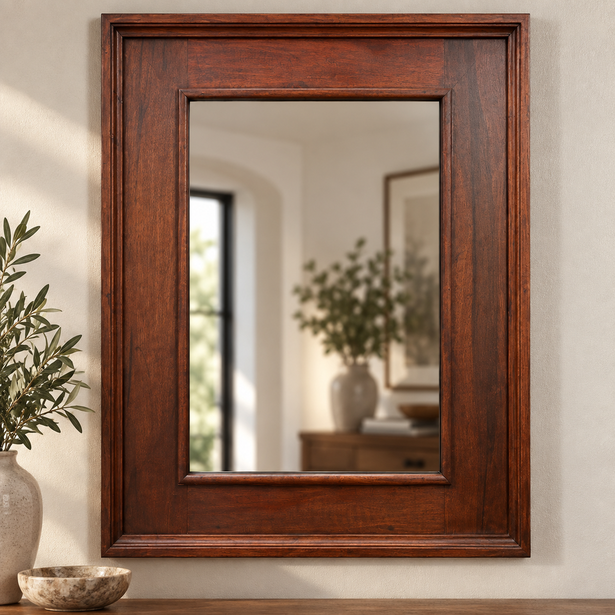 A rectangular wall mirror with a thick, dark brown wooden frame, styled on a wooden surface against a beige wall with decorative plants and a bowl.