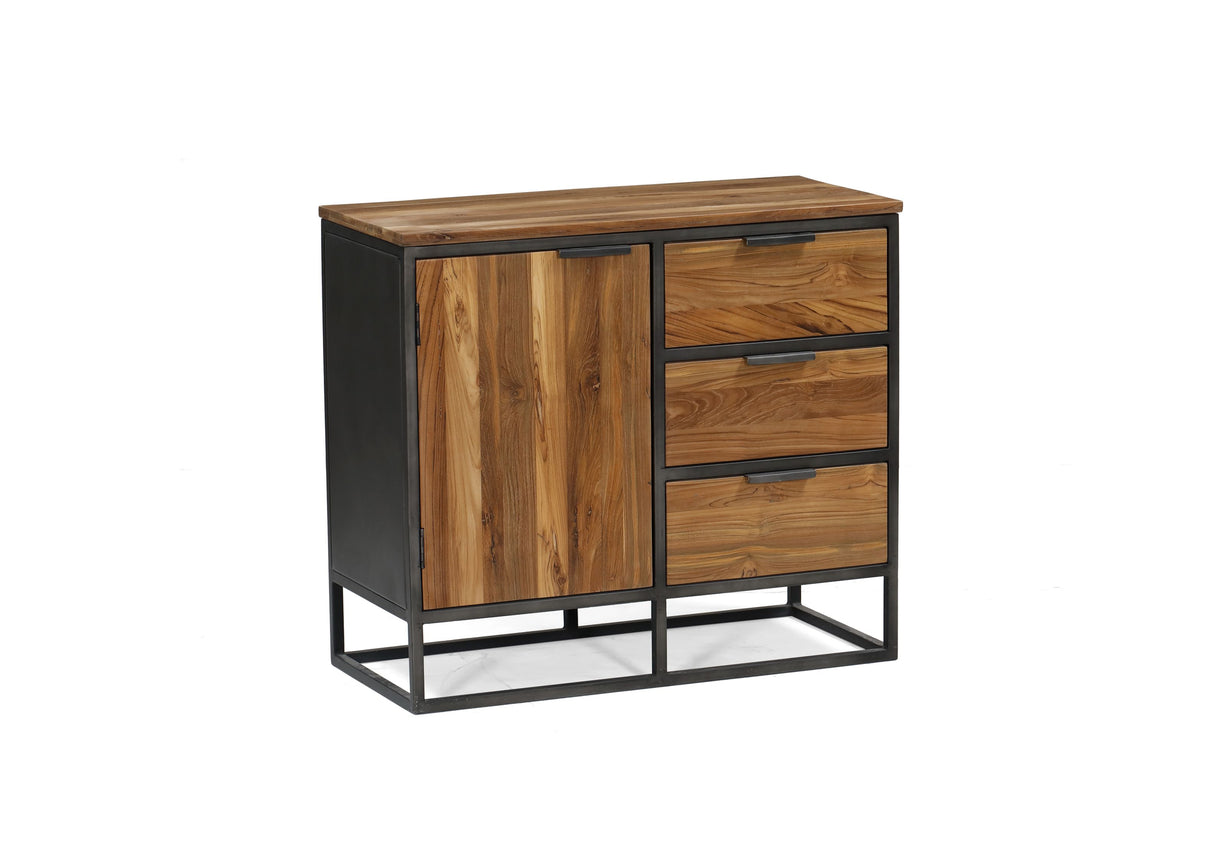 Iron Wooden 1 Door, 3 Drawer Cabinet | Brushed Teak Wood