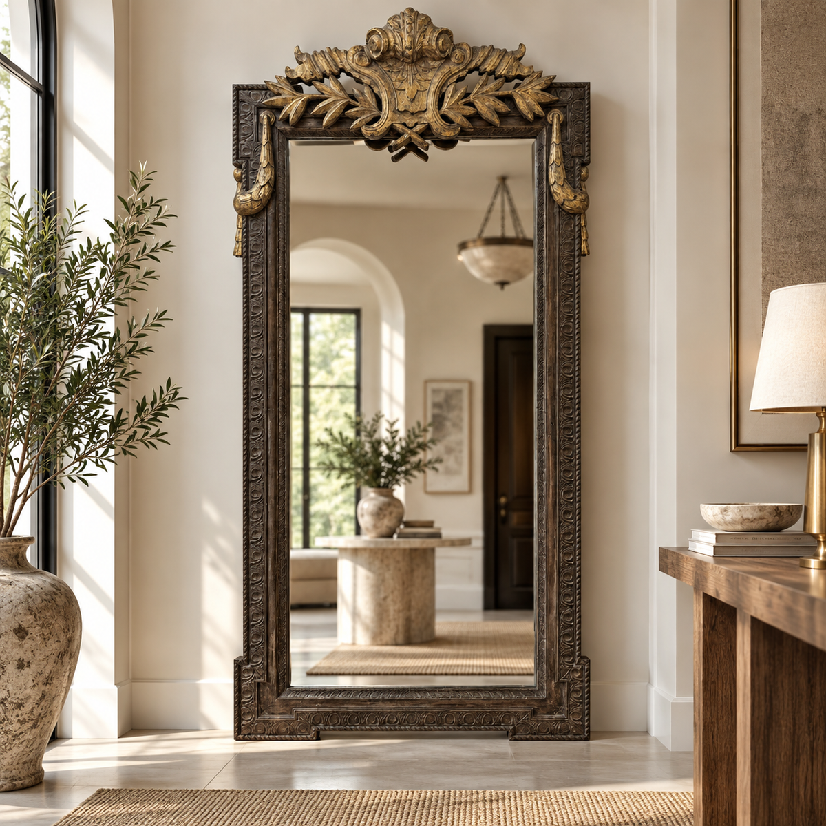 An ornate full-length floor mirror with a carved dark wood frame and gilded crest, standing in a bright, modern entryway.