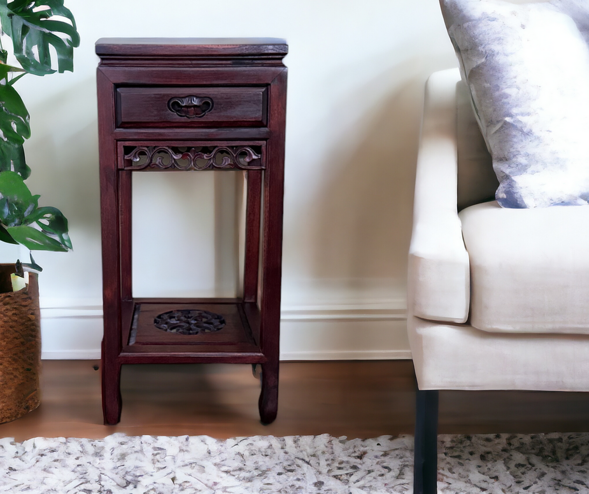 1 Drawer Carved Tall Side Table | Dark Brown