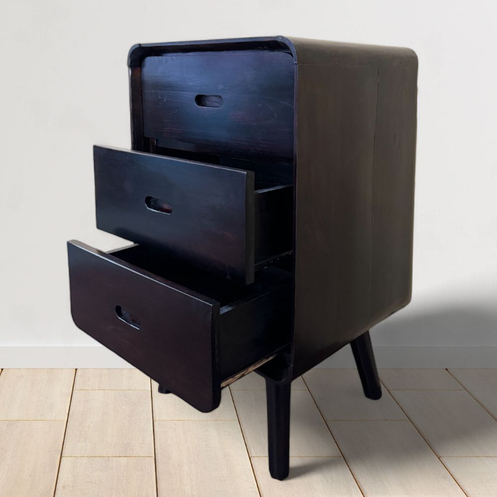 Retro Bedside Pedestal 3 Drawers | Dark Wood Finish