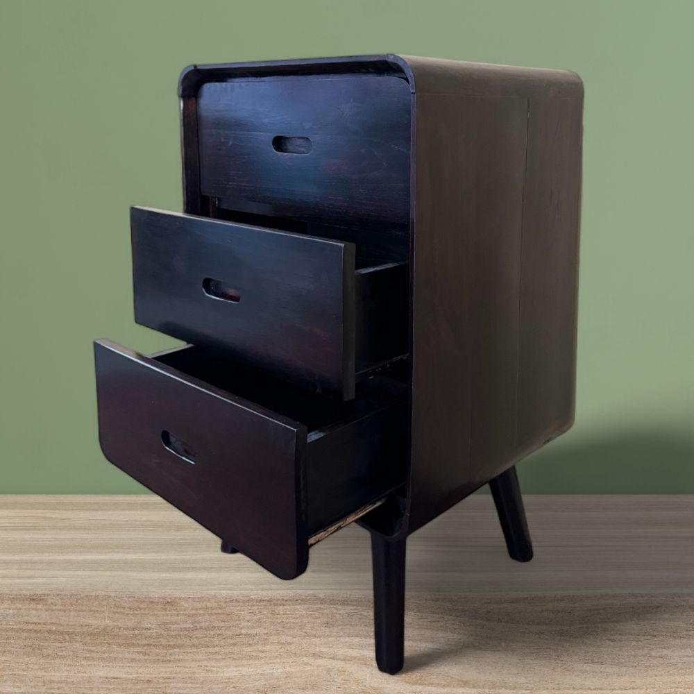 Retro Bedside Pedestal 3 Drawers | Dark Wood Finish