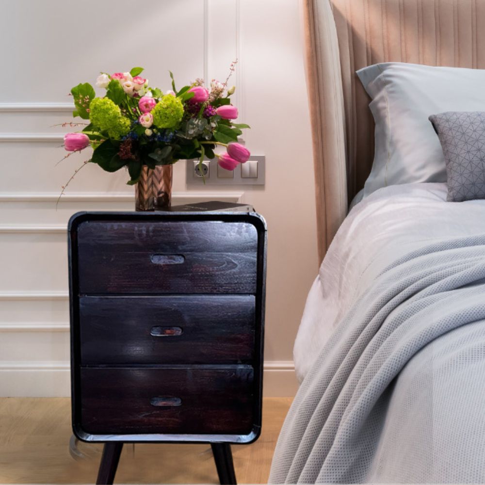 Retro Bedside Pedestal 3 Drawers | Dark Wood Finish