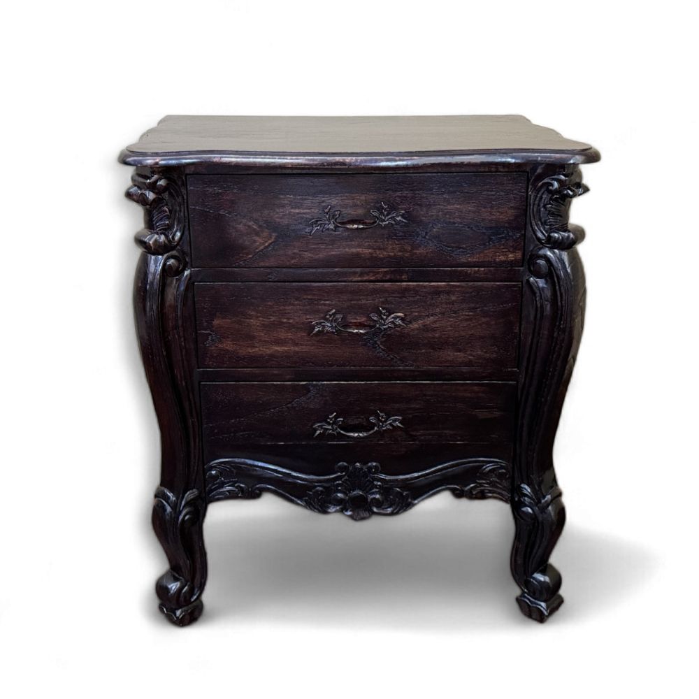 Curved Feet Bedside, 3 Drawers | Dark Wood