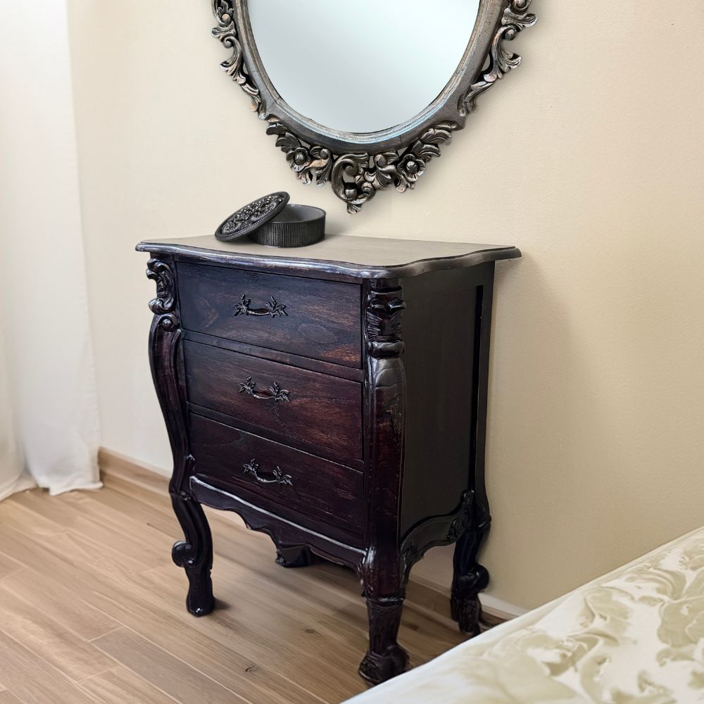 Curved Feet Bedside, 3 Drawers | Dark Wood