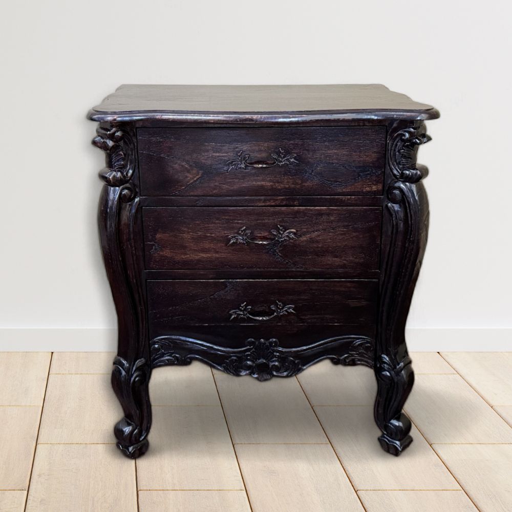 Curved Feet Bedside, 3 Drawers | Dark Wood