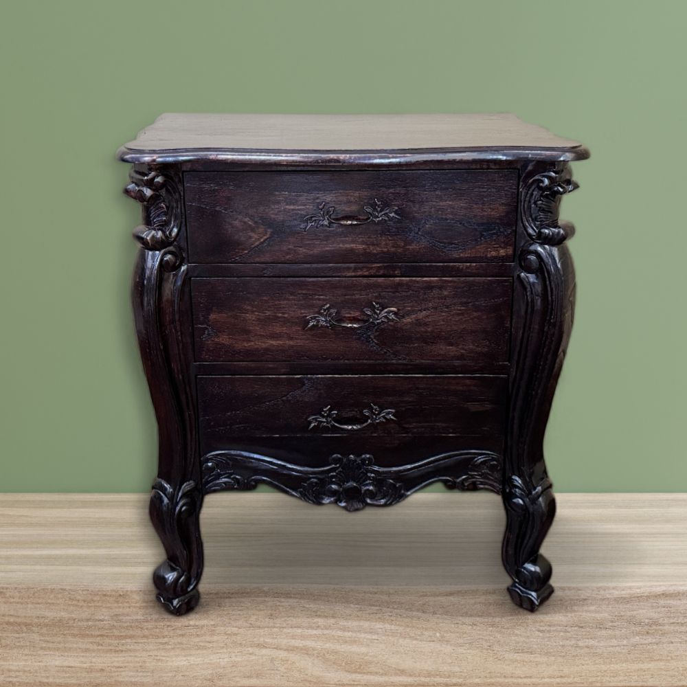 Curved Feet Bedside, 3 Drawers | Dark Wood