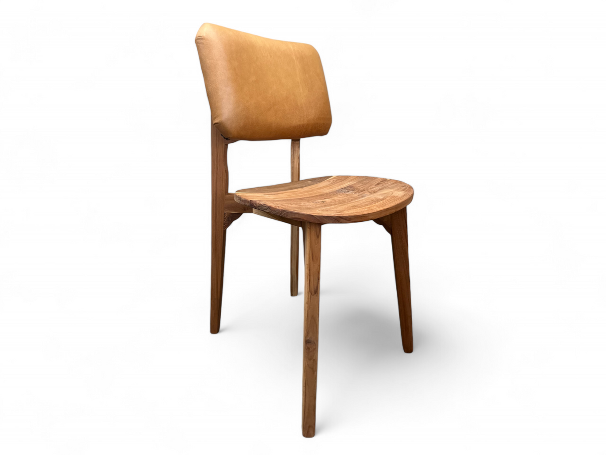 Kursi Robot Natural Wooden Dining Chair | Genuine Leather, Cognac