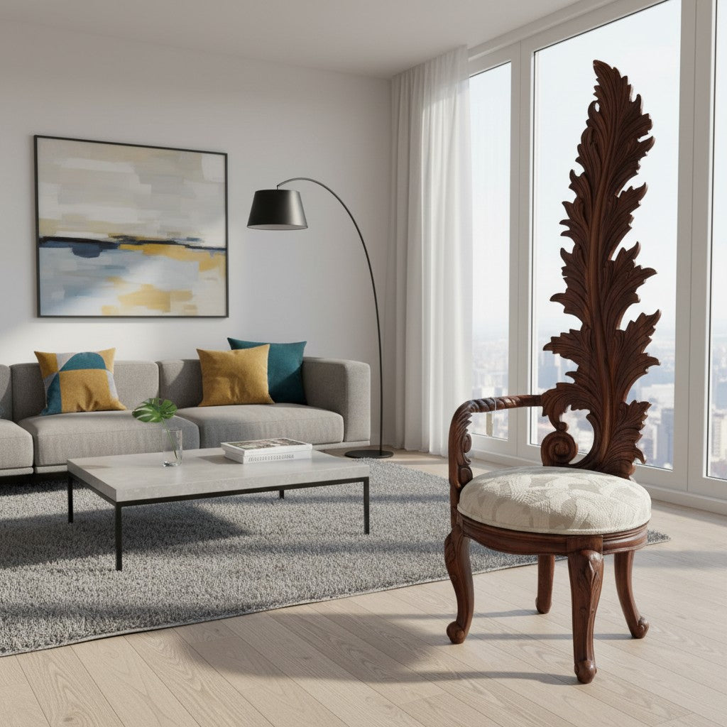 Elegant hand-carved accent chair featuring a sculptural leaf-shaped wooden backrest, a rich walnut finish, a curved armrest, cabriole legs, and a cream upholstered seat. A distinctive statement chair for luxury, classic, and nature-inspired interiors.