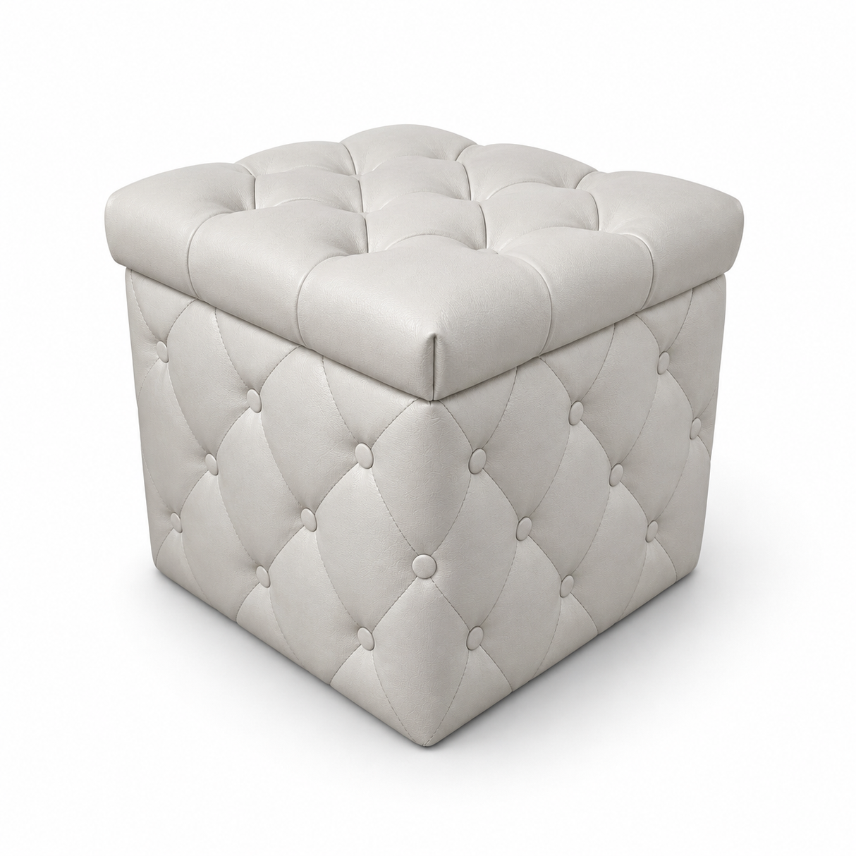 Cream square tufted storage ottoman with button detailing and a removable lid, perfect for extra seating, hidden storage, and contemporary living spaces.