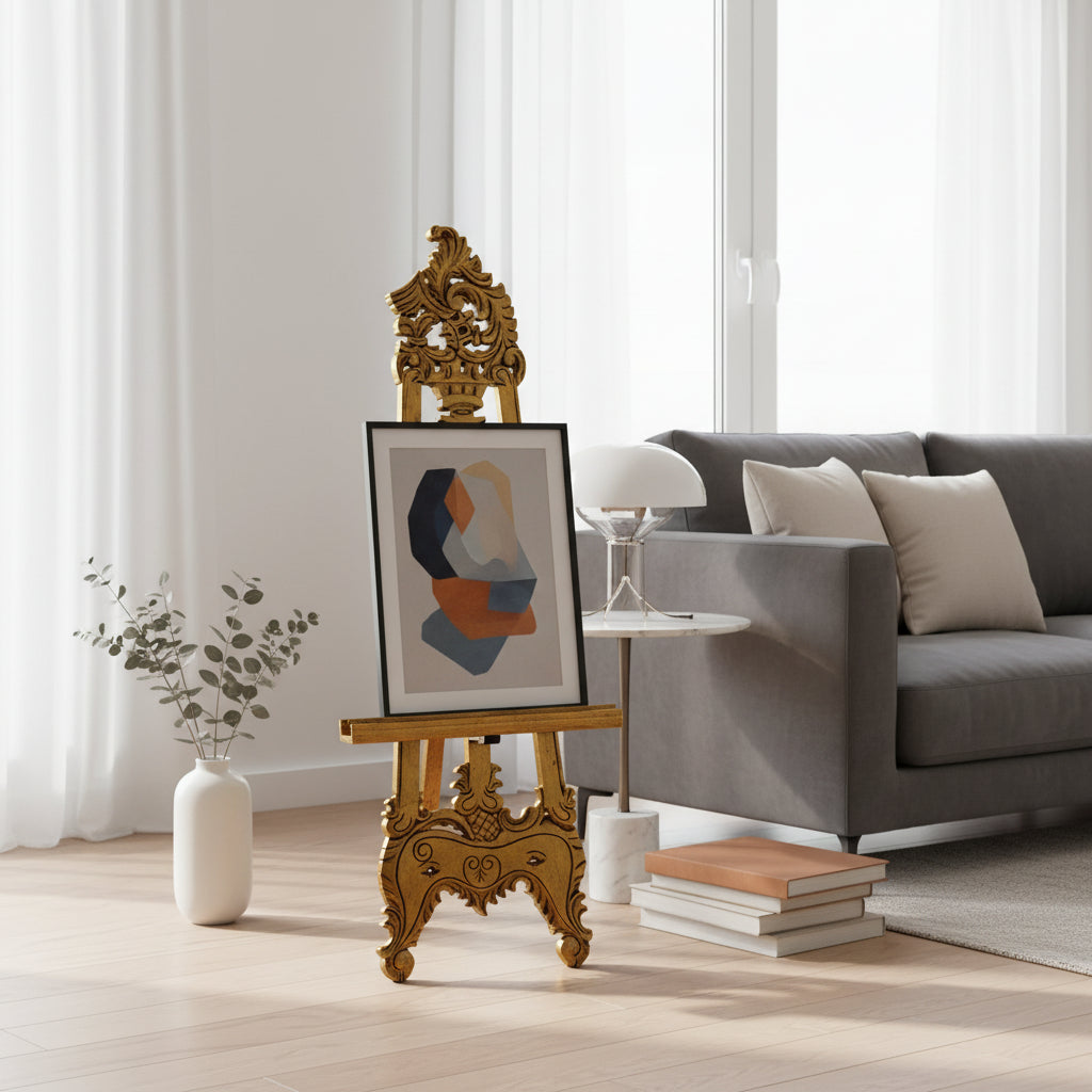 Luxury hand-carved wooden display easel featuring an ornate traditional design with intricate scrollwork and a rich antique gold finish, displayed with a framed abstract artwork. Ideal for showcasing artwork, mirrors, welcome signs, menus, or decorative displays in homes, galleries, boutique hotels, weddings, and event spaces.